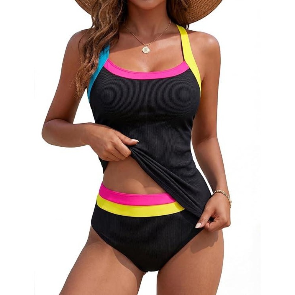 BMJL Womens XXL Tankini Swimsuit‎ Set Black Neon Ribbed Tummy Control NWT